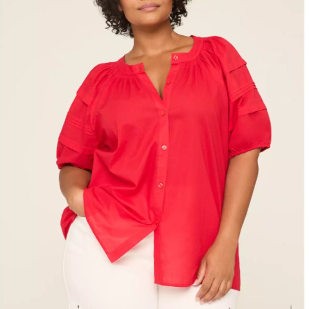 Lane Bryant Red Swing Pintuck Button-Front Blouse 100% Cotton Size 10/12 NWT
